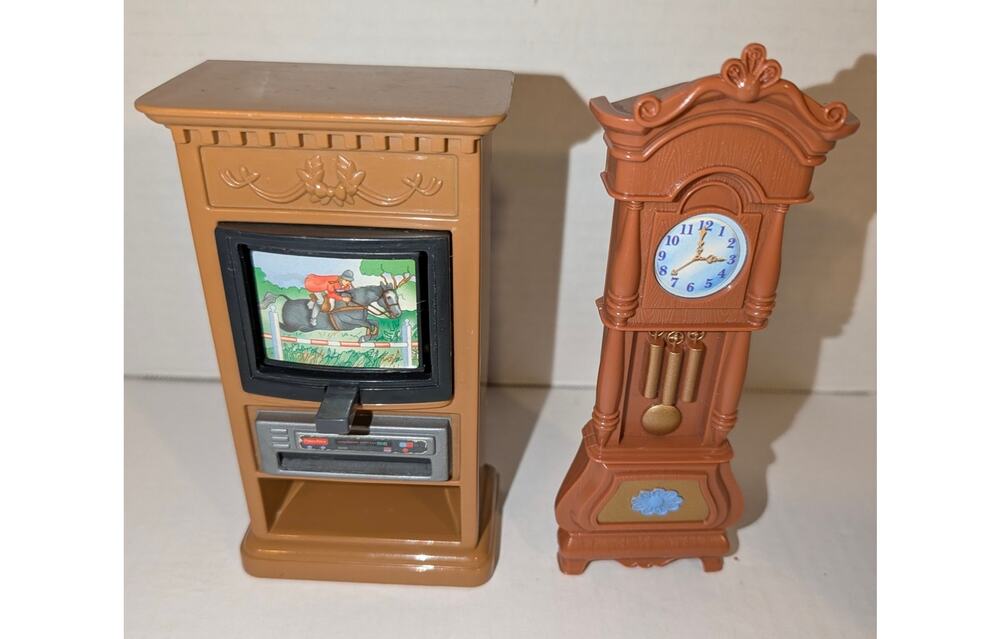 Vintage Fisher Price Loving Family Dollhouse Grandfather Clock TV VCR Stand